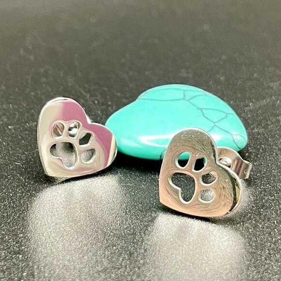 Pawprint and Heart Stainless Steel Stud Small Earrings #1240 - Picture 8 of 10